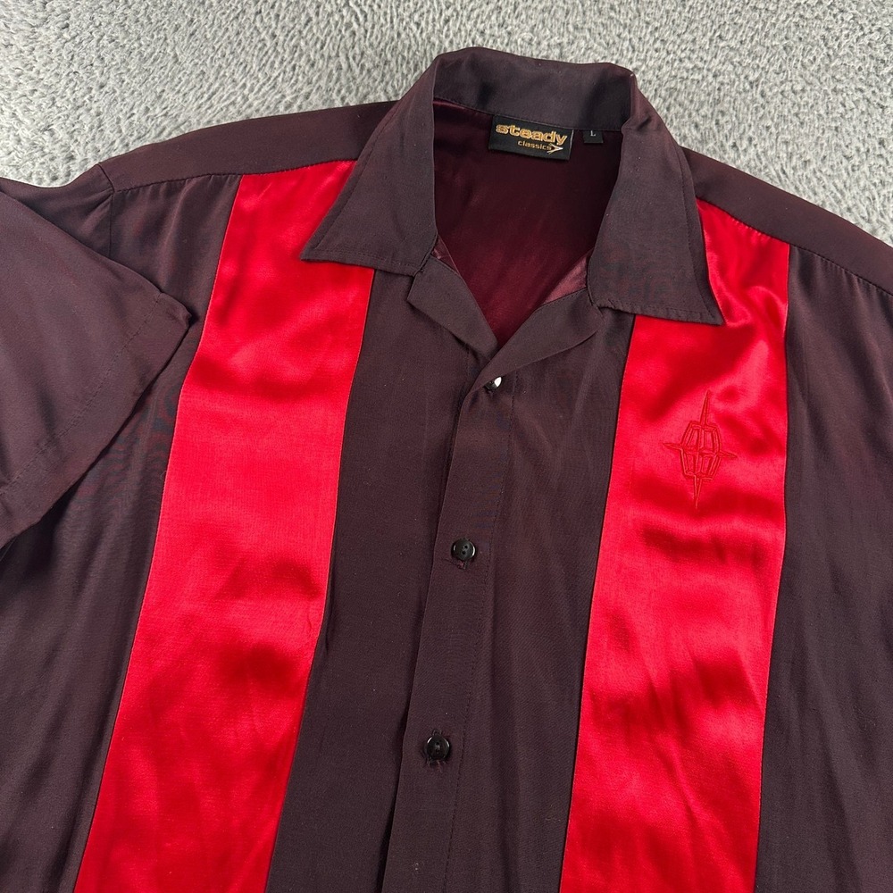 Steady‎ Classics Shirt Mens L Bowling Short Sleeve Red Panel Burgundy Rayon